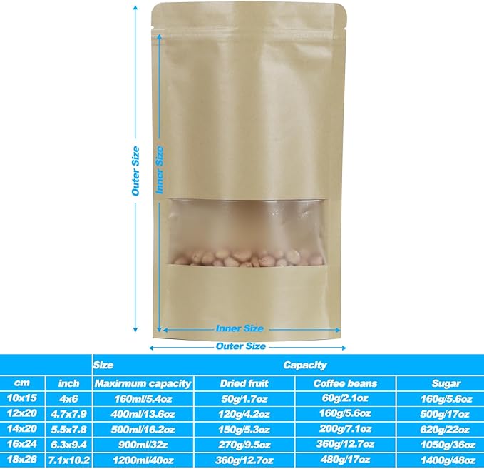 Kraft Paper 100 Pack Resealable Storage Bags with Clear Window, Stand-up, Scratch Resistant - 5.9x8.6 Inch