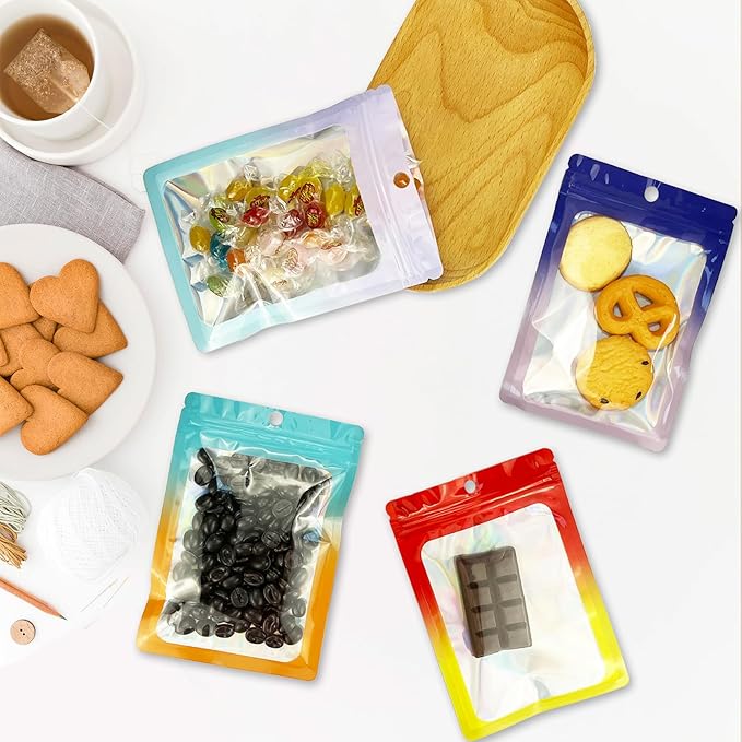 300 Pcs Reusable Holographic Mylar Bags, 3 Sizes, Smell Proof, Airtight, Multi-layered Polyethylene (PE) with Zipper Closure, Red Yellow