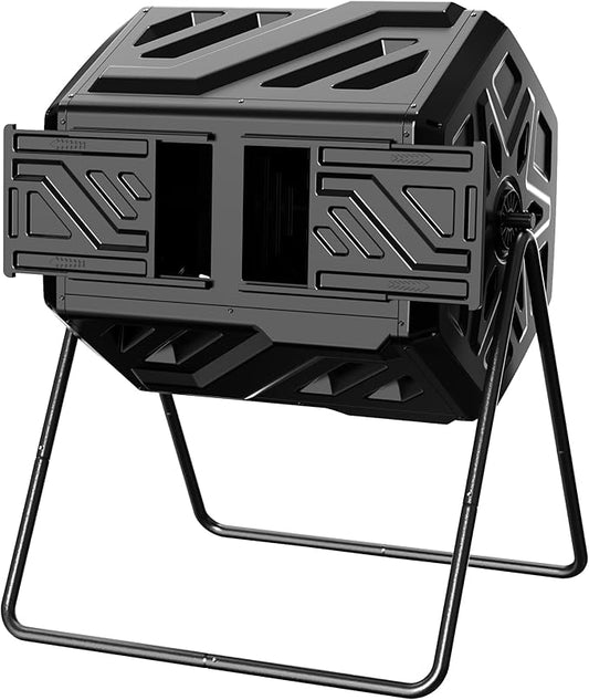 Compost Bin, Outdoor Composter, Fast Assembly 43 Gallon Dual Chamber Outdoor Compost Tumbler, Heavy Duty Tumbling Rotating Composter for Patio, Garden, Yard, Black, Easy Setup, Gloves Included