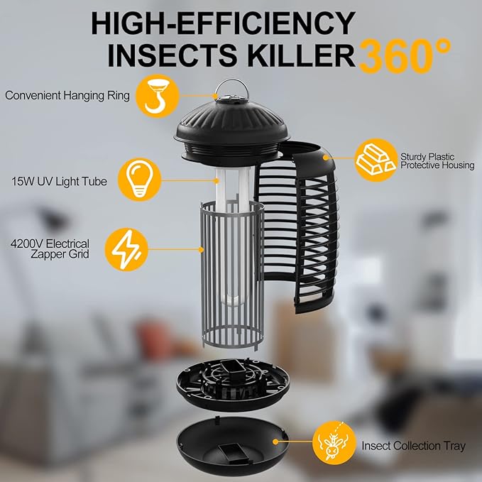 Bug Zapper with Light Sensor, Mosquito Zapper Outdoor 4200V Electric Insect Killer, Waterproof Mosquito Killer, Fly Zapper, Fly Trap for Home Backyard Garden Patio, Mosquito Repellent Outdoor
