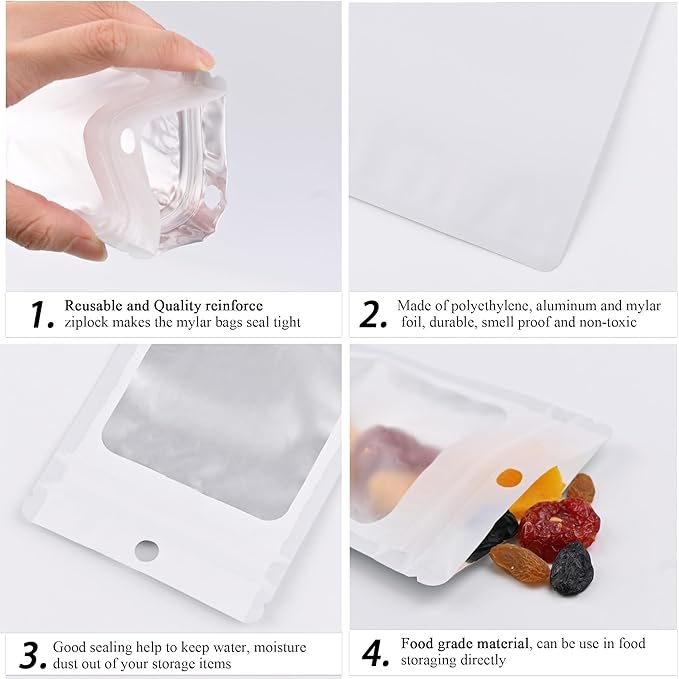 100 Pack Resealable Plastic Bags for Food Storage, Zipper Bags with Clear Front Window, Packaging Pouch for Small Business (White, 3x8.8 inch)