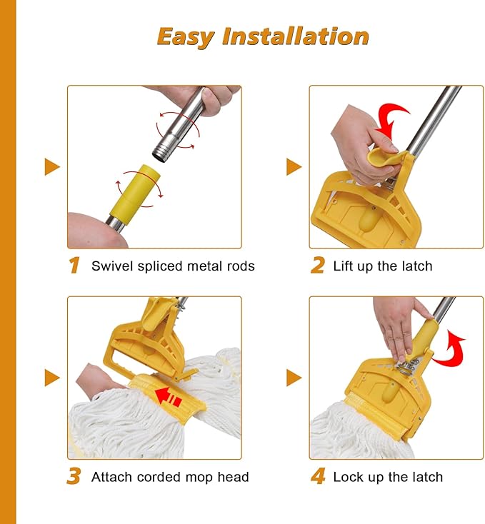 Commercial Mop Heavy Duty Industrial Cotton Mop, 61 inch Metal Commercial Stick for Home, Garage,Office, Workshop, Warehouse Floor Cleaning, 2 Pack