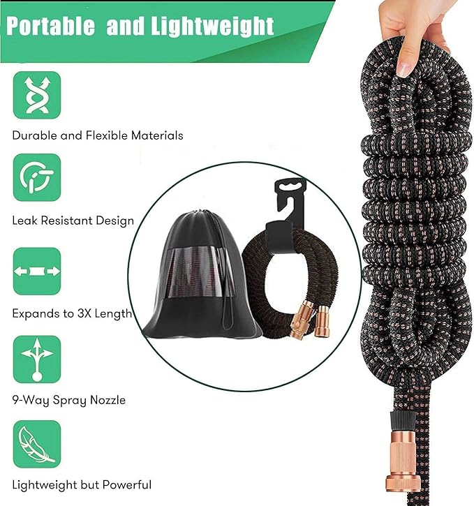 50FT Expandable Garden Hose - with 10-Function Spray Nozzle - Lightweight, Flexible, 3/4" Solid Brass Fittings-champagne