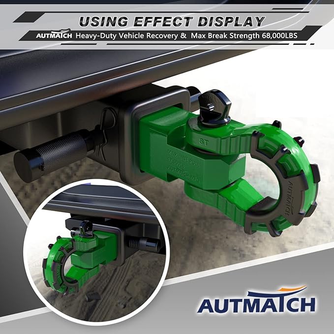 AUTMATCH Shackle Hitch Receiver 2" with 3/4" Mega D Ring Shackle and 5/8" Trailer Hitch Lock Pin, 68,000 Lbs Break Strength Heavy Duty Receiver Towing Kit for Off-Road Vehicle Recovery, Dark Green