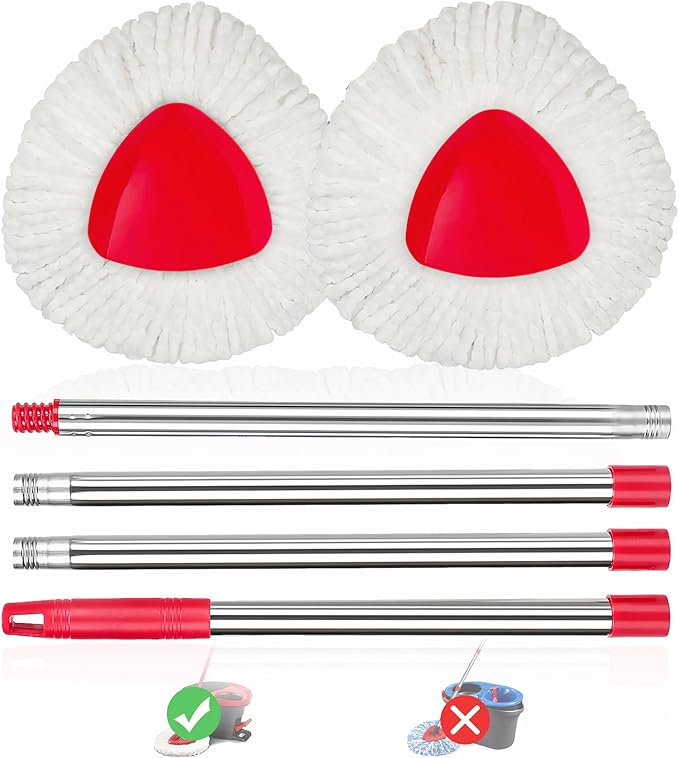 2 Pack Spin Mop Replacements Head Compatible for O ceda EasyWring 1 Tank System, Microfiber Mops Refills Hardwood Floor Cleaning, Base and 30-58in Handle Set Combo