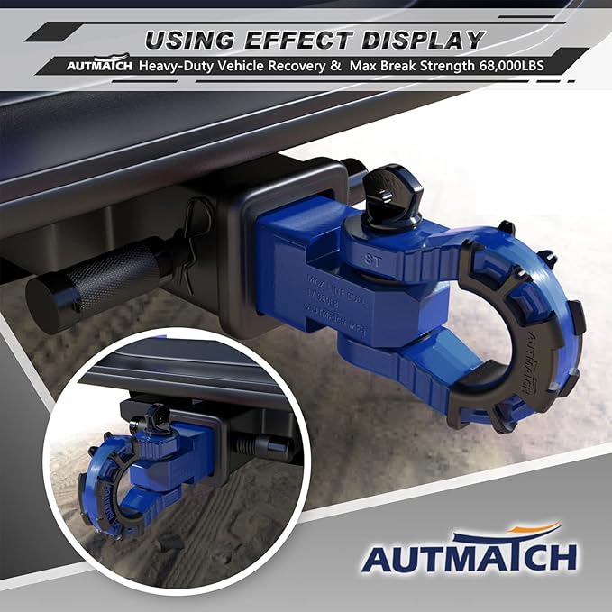 AUTMATCH Shackle Hitch Receiver 2" with 3/4" Mega D Ring Shackle and 5/8" Trailer Hitch Lock Pin, 68,000 Lbs Break Strength Heavy Duty Receiver Towing Kit for Off-Road Vehicle Recovery, Blue