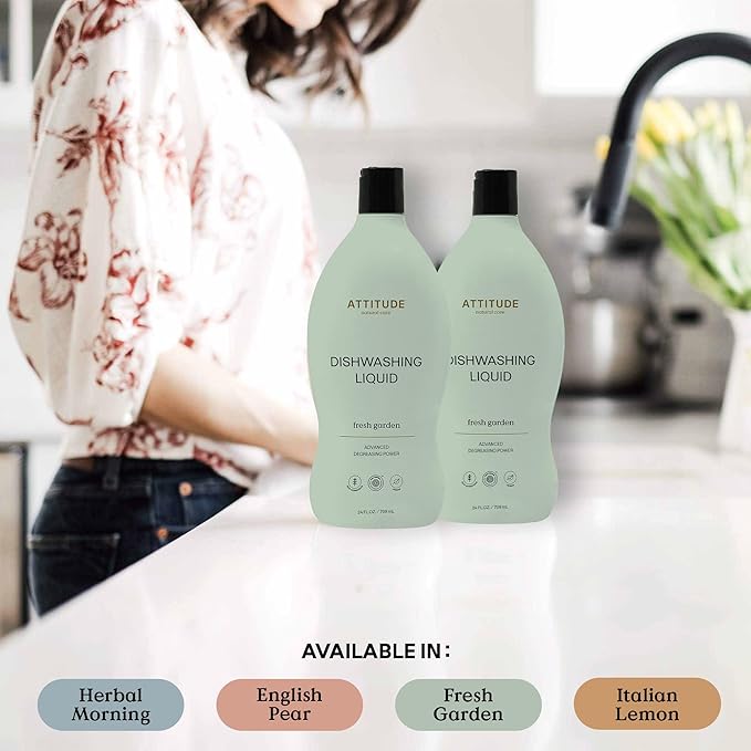ATTITUDE Dish Soap, EWG Verified, Plant-Based & Vegan Dishwashing Liquid, Naturally Derived, Fresh Garden Scent, 24 Fl Oz