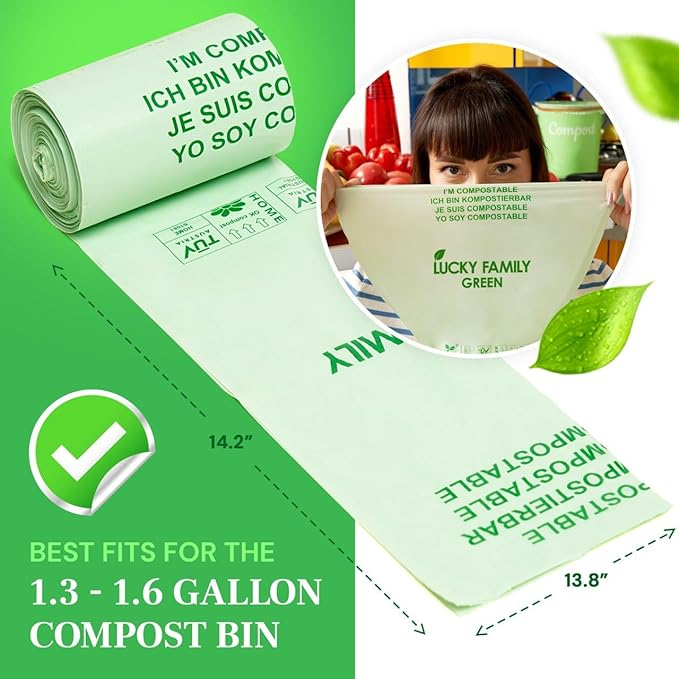 Lucky Family Green Compost Bags for Kitchen Countertop Bin - 100% Compostable Trash Bags for Food Waste, Organic Biodegradable Trash Bags (1.3-1.6 Gallon, 50 Count)