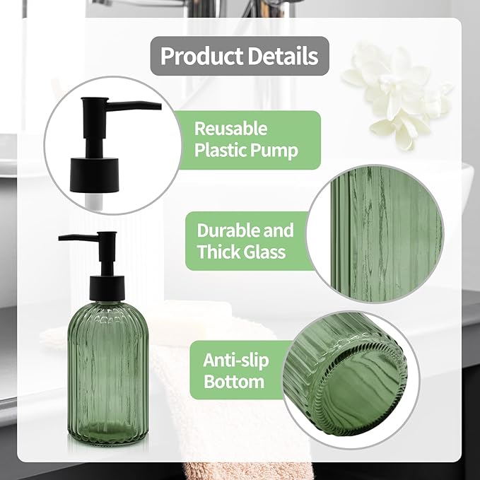 14oz Green Glass Soap Dispenser with Black Pump – Refillable for Hand Soap, Dish Soap, Lotion, Suited for Kitchen, Bathroom & Laundry Room (Olive Green)