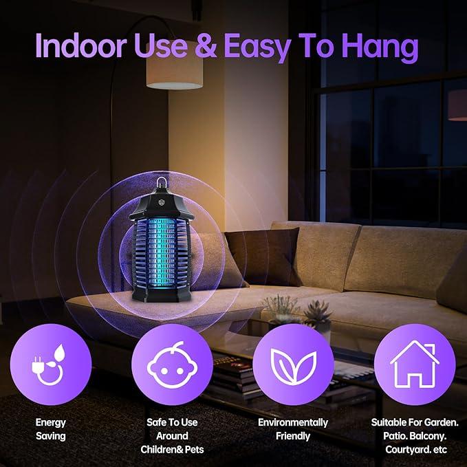 Bug Zapper Indoor, Electric Mosquito Fly Zapper Effective 4000V Plug in Insect Zapper Flies Traps 6.5 FT for Home Patio Office Courtyard