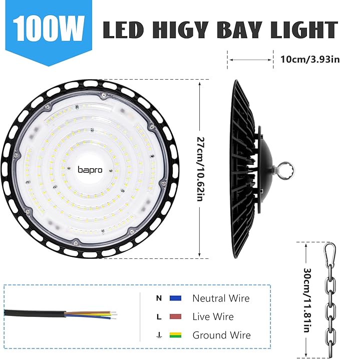 LED High Bay Light 100W, 10000LM Super Bright UFO Shop Light with 4ft 110V Plug Cable, 6000K Bay Lighting IP65 Waterproof for Barn/Garage/Commercial Warehouse/Wet Location