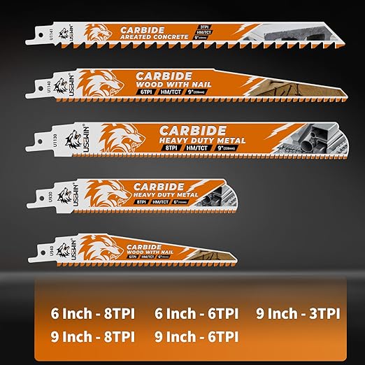 5 Pack Carbide Reciprocating Saw Blade Set, Premium Metal Blades Set for Nail Embedded Wood, Concrete, Heavy Metal, Cast Iron, Alloy Steel Cutting, Heavy-Duty for Demolition