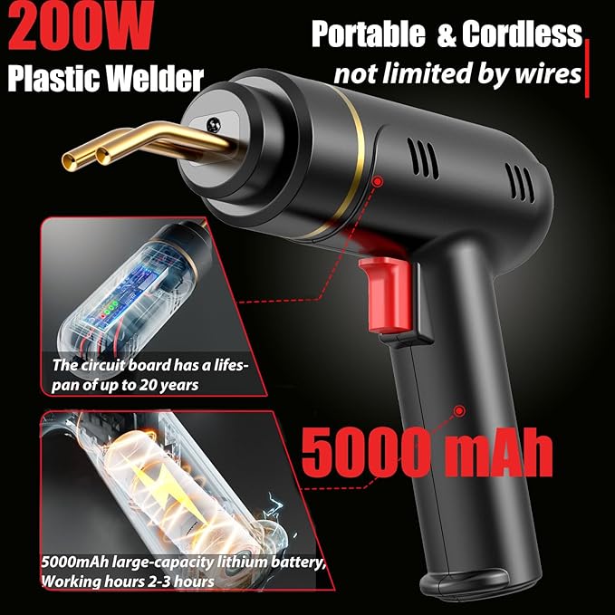 200W Cordless Plastic Welder, Plastic Welding Kit with 1200PCS Hot Stapler, USB Rechargeable Plastic Welder Gun with 5000mAh Battery, Plastic Weld Bumper Repair Kit for Most Plastic Repair