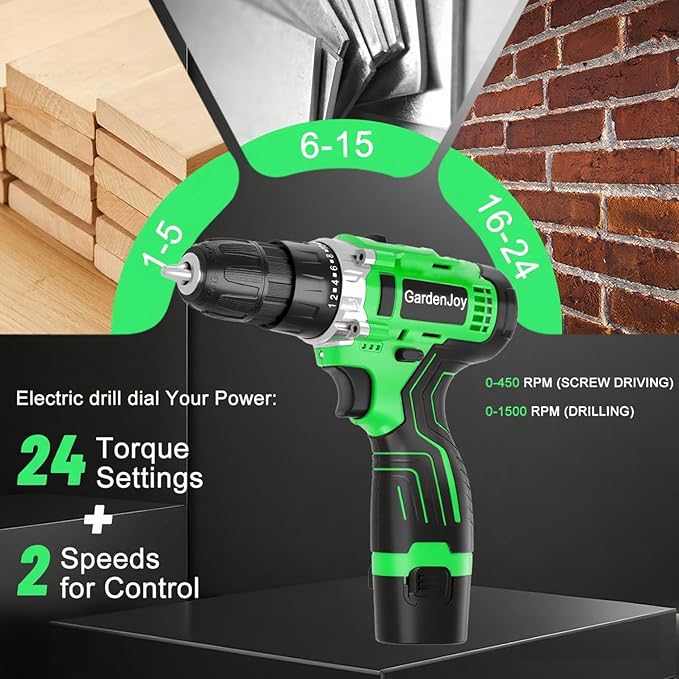 12V Green Cordless Drill Kit, Home DIY, 2 Batteries & Fast Charger, Compact, 2-Speed, 3/8" Keyless Chuck, 24+1 Torque, LED Light for Wood and Metal