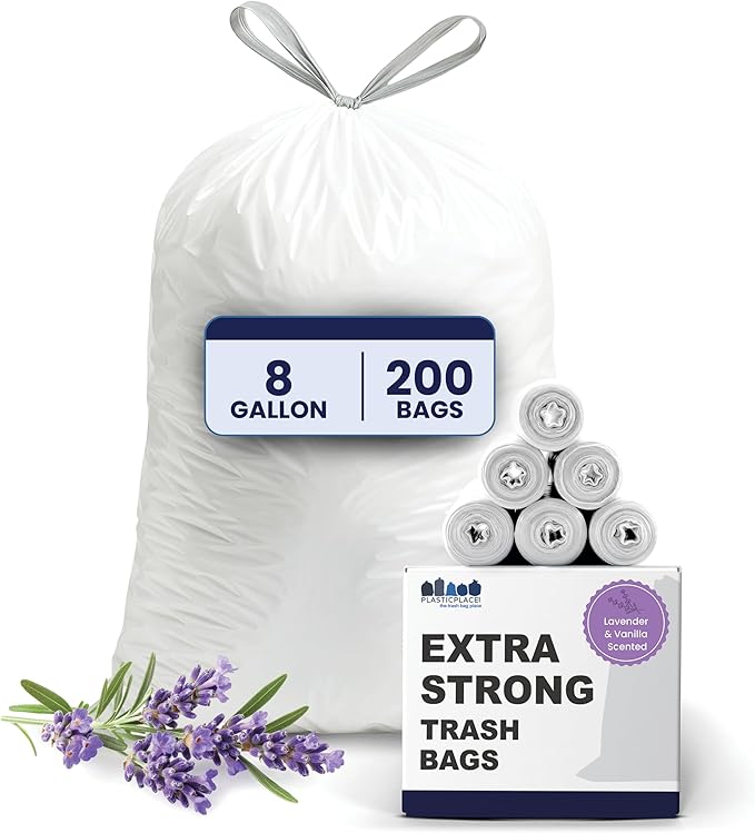 Plasticplace 8 Gallon Trash Bags │ 0.7 Mil │ Lavender and Soft Vanilla Scented Garbage Can Liners │ 22" x 22" (200 Count), White