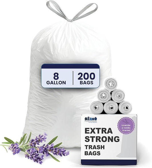 Plasticplace 8 Gallon Trash Bags │ 0.7 Mil │ Lavender and Soft Vanilla Scented Garbage Can Liners │ 22" x 22" (200 Count), White