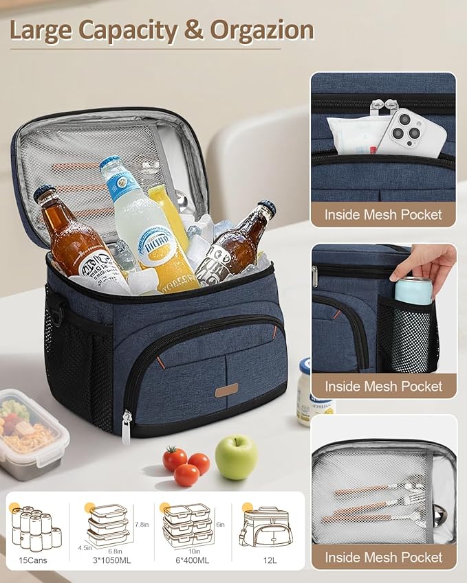Lunch Box for Man Women, Insulated Lunch Bag Cooler Bag Leakproof Lunchbox Lunch Tote Bags with Removable Strap for Work School Picnic Travel (Blue/12L