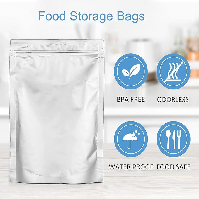 100pcs 2 QUART Mylar Bags for Food Storage - Thick 10 Mil - 8"x12" Stand Up Zipper Pouches Bags, Resealable and Heat Sealable Vacuum Sealing Bag for Long Term Food Storage