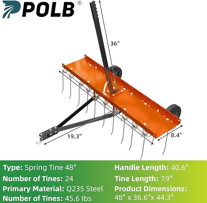 48 Inch Orange Tow-Behind Dethatcher with 24 Spring Steel Tines, Pull Dethatcher for Outdoor Yard Care, Garden Farm Grass Tractor Rake to Remove Thatch, Leaves and Needles from Large Lawn Areas