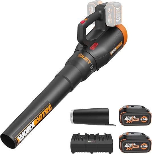 WORX Nitro WG581.1 40V Cordless Leaf Blower, Quiet Electric Blower for Lawn Care with 530CFM & 180MPH, 2 Batteries & Charger Included