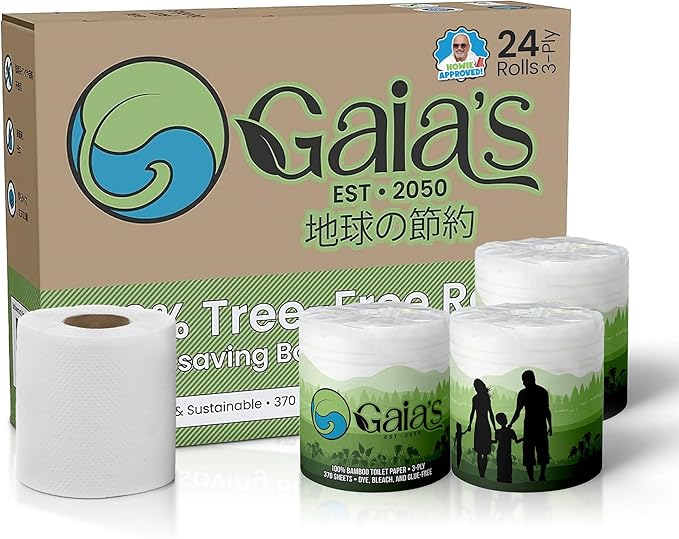 Gaias Premium and Soft Organic Bamboo Toilet Paper | 24 Mega Rolls, 3 Ply, 370 Sheets | FSC Certified, PFAS & BPA Free, Eco-Friendly, Sustainable Tissue - Plastic Free, Septic Safe, Vegan