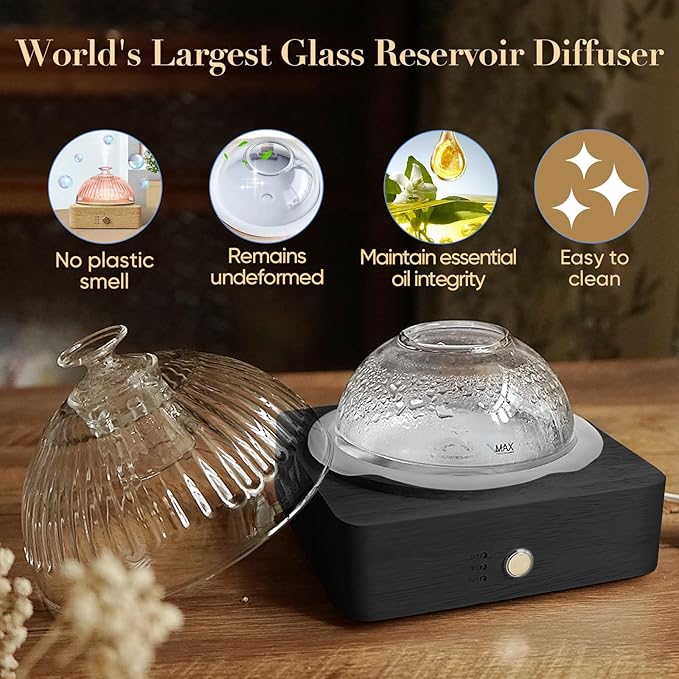 Glass Dome Essential Oil Diffuser with Glass Reservoir & Wood Base-Plastic Free, 200ml Ultrasonic Diffuser for Aromatherapy with Timer 7 Color Light Auto-Off for Gift Home Office Yoga Dark Brown