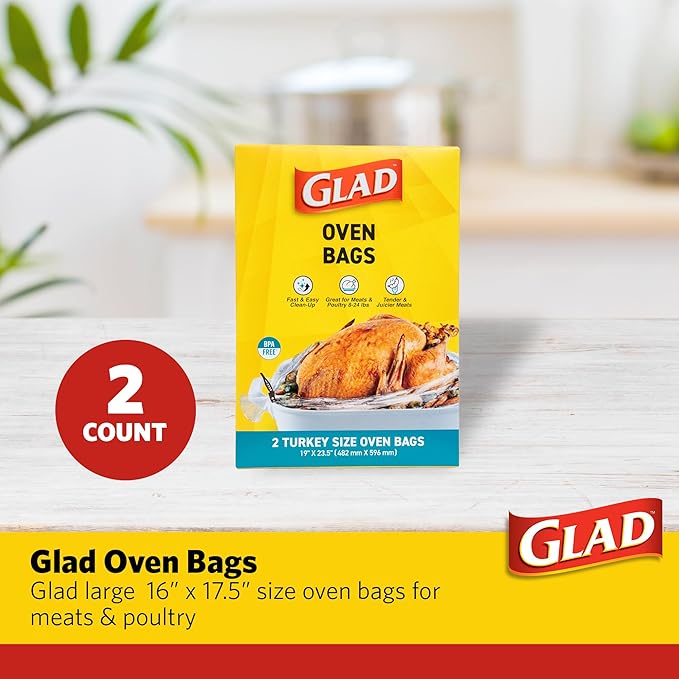 Glad Turkey Size Oven Bags for Meats & Poultry 8-24 lbs – BPA-Free* for Tender, Juicy Roasts with Fast & Easy Clean-Up, Turkey Cooking Bags, Roasting Bags, 19" x 23.5" - 2 Count