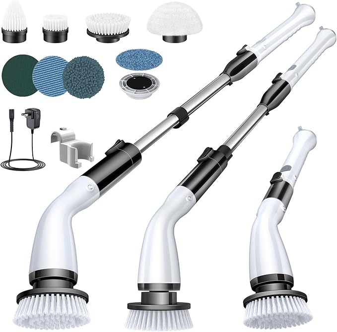 LABIGO Electric Spin Scrubber LA1 Pro, Cordless Spin Scrubber with 4 Replaceable Brush Heads and Adjustable Size Extension Handle Power Full Cleaning Brush for Bathroom Floor, Light Black