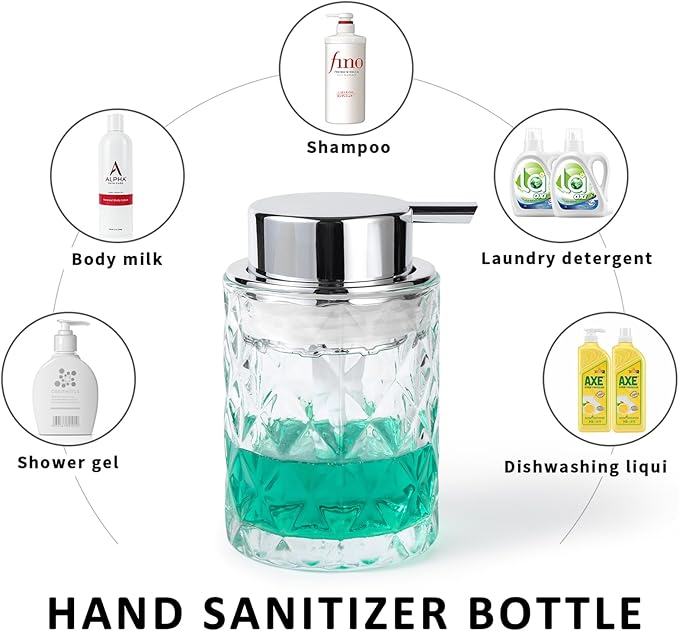 Bathroom Glass Soap Dispenser with Durable Rust-Proof Plastic Liquid Pump (Can't Foam) Hand Lotion Dispenser Antislip Shampoo Kitchen 10oz 2 Pack