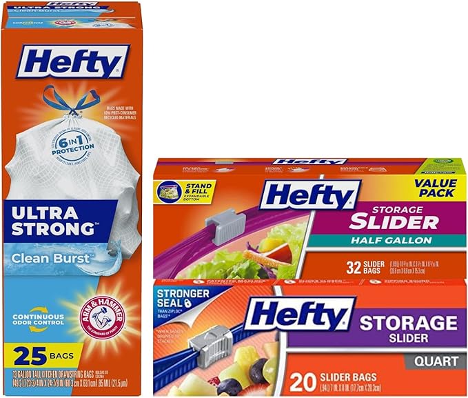 Hefty Ultra Strong Tall Kitchen Bags, Clean Day, 25CT + Storage Slider Bag 40CT + Freezer Slider Bag 25CT (Variety Pack)