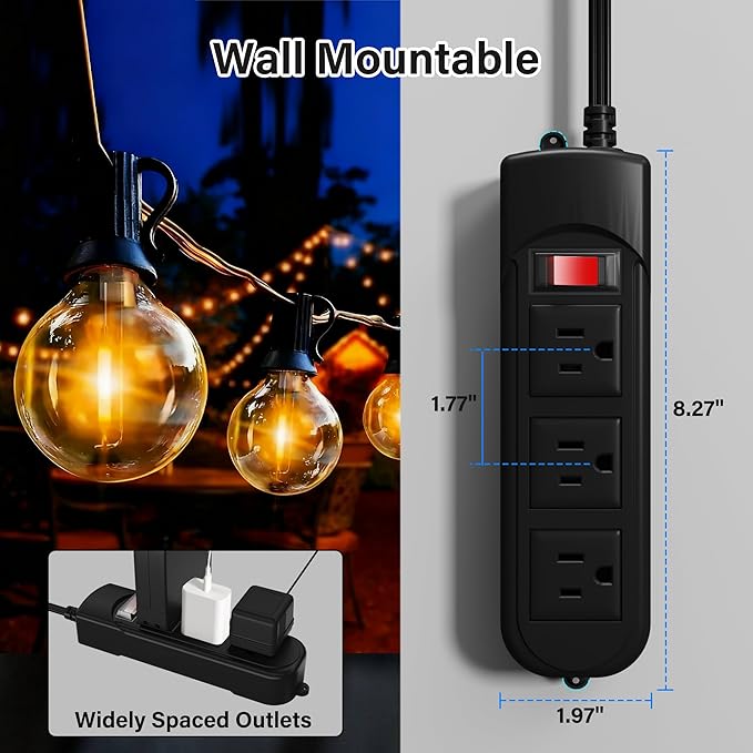 Outdoor Power Strip 15 Ft, IPX4 Waterproof Surge Protector 3 Widely Spaced AC Outlets Extension Cord, 45° Flat Plug, Wall Mountable, 18 Gauge 125V for Garden Patio Camping Christmas Lights-ETL