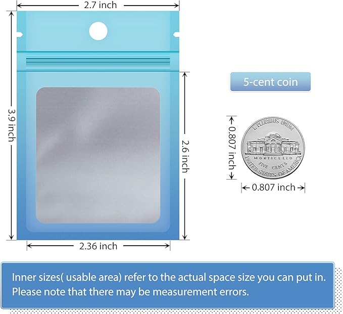 Funfery 100 Pcs Resealable Smell Proof Bags for Food Storage,Clear Cute Gradient Mylar Bags for Small Business Foil Zipper Packaging Bag for Sample Jewelry Eyelash Gloss(Blue Blue,2.7X3.9in)