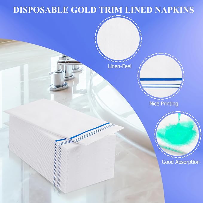 100 Disposable Paper Hand Towels for Bathroom, Linen Feel Guest Towels, Soft and Absorbent Paper Towels Napkins Bulk for Home Dinner Kitchen Wedding, 12" x 17"(Blue Trim Lined)