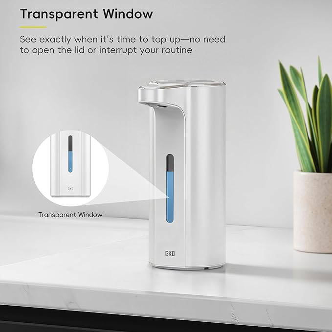 EKO Aroma Pro 13.5 fl oz Touchless Automatic Liquid Soap Dispenser, Rechargeable Electric Hand & Dish Soap Dispenser for Bathroom and Kitchen Sink, IPX7 Waterproof, Adjustable Volume Control (White)