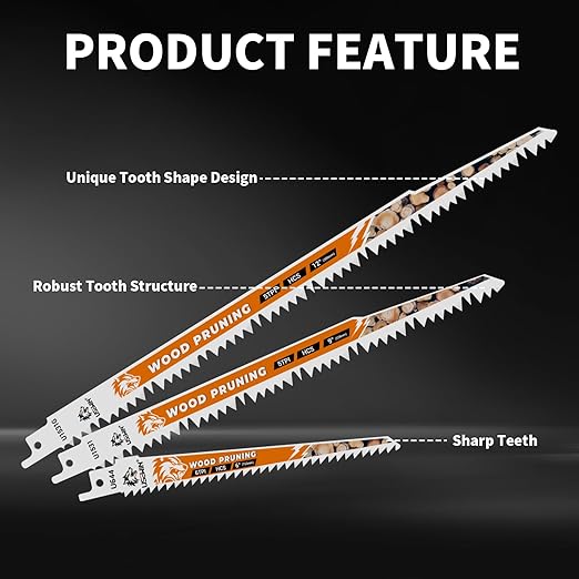 12-Piece Wood Pruning Reciprocating Saw Blade Set, Saw Blades Set, High Carbon Steel Pruning Blades for Tree, Wood and PVC Pipe Cutting