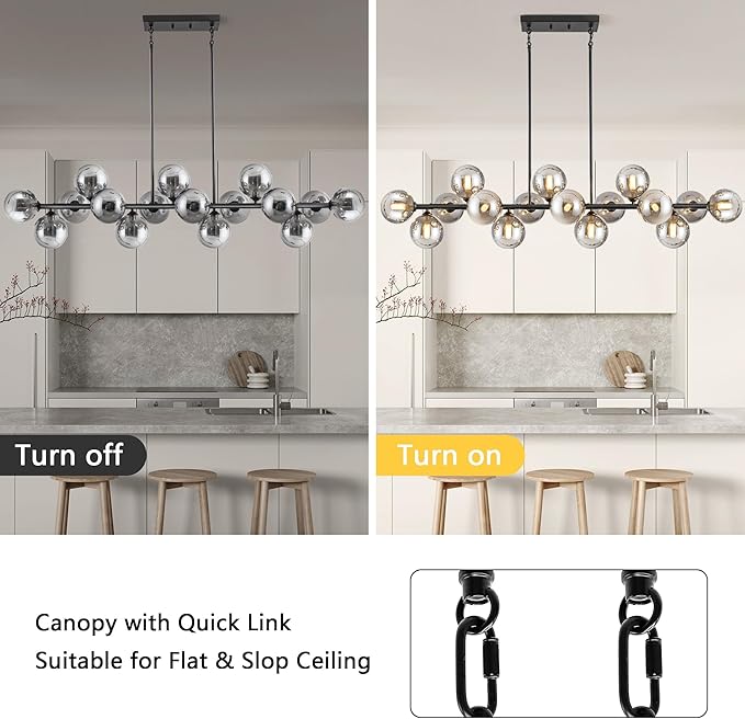 Chandelier,16-Light Large Pendant Lights Kitchen Island Black Linear Sputnik Chandelier Modern Chandeliers for Dining Room Bubble Gray Globe Island Lights for Kitchen Farmhouse Chandelier 55in