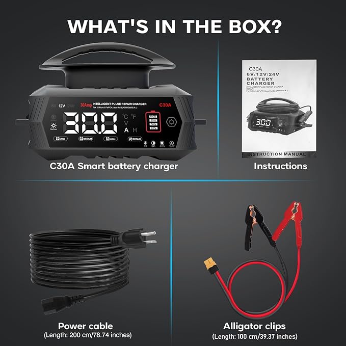 30 AMP Battery Charger, 6V/12V/24V Lead-Acid, Lithium, LiFePo4 Smart Battery Charger, Portable Large Screen Trickle Charger, Fully Automatic Chargers and Maintainer for Car, Motorcycle, Lawn Mower