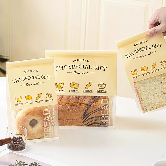 50 Pcs 8.6 Inch Bread Bags with Tin Tie, Bread Pattern Large Loaf Bags Made Of Milky yellow Paper, Storage Packing Bag with Clear Window for Bakery, Cafe, Homemade Bread