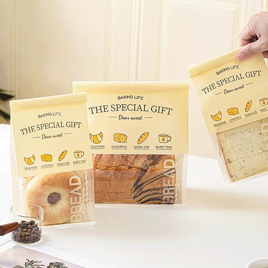 50 Pcs 8.6 Inch Bread Bags with Tin Tie, Bread Pattern Large Loaf Bags Made Of Milky yellow Paper, Storage Packing Bag with Clear Window for Bakery, Cafe, Homemade Bread