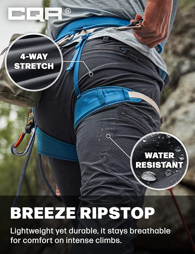 CQR Men's Lightweight Vent Hiking Pants, Water-Resistant & Breathable Sports Outdoor Athletic Pants with Elastic Waist