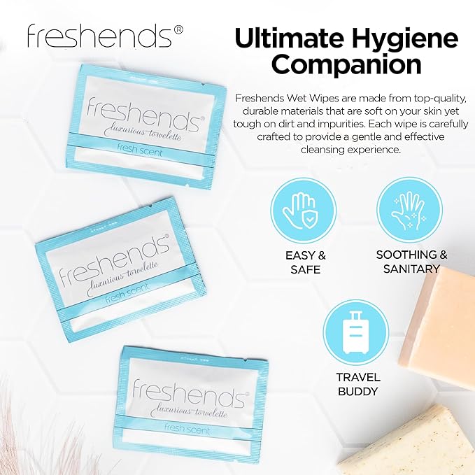 Freshends Flushable Individually Wrapped Wipes – 100 Bulk Pack Luxurious Towelettes, Guest Bathroom Essentials for Weddings, Restaurants, Bars & Clubs – Blue, Travel-Size, Disposable