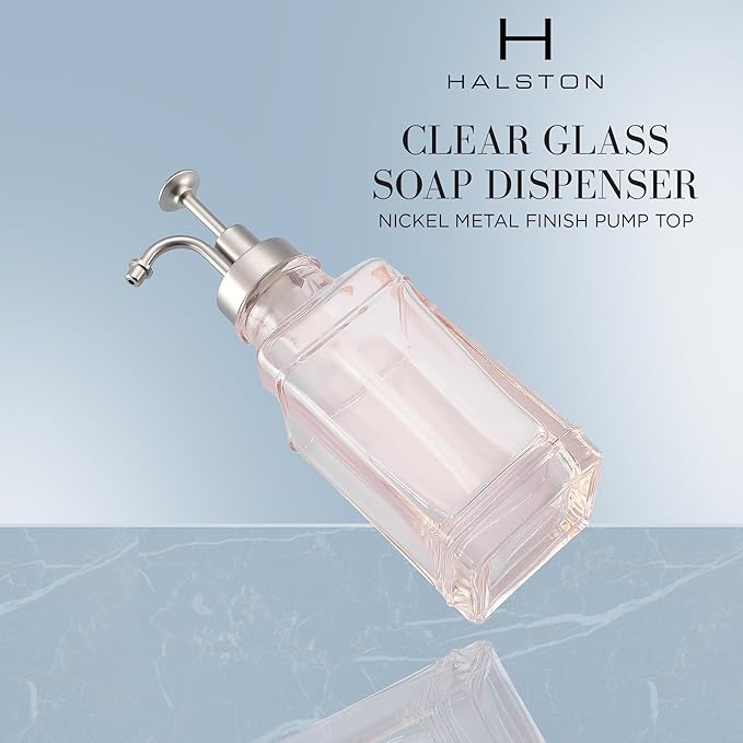 Pink, Blush Glass Soap Dispenser with Brushed Nickel Dispenser Pump, Modern Refillable Pump for Bathroom, Kitchen, or Office, Elegant Accent Piece for Interior Decoration