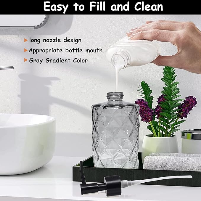 Crystal Glass Soap Dispenser, 12oz Gradient Grey Bathroom Hand Dispenser, Lotion Dispenser with Black Plastic Pump for Modern Home Decor, Kitchen Countertop, Hotel