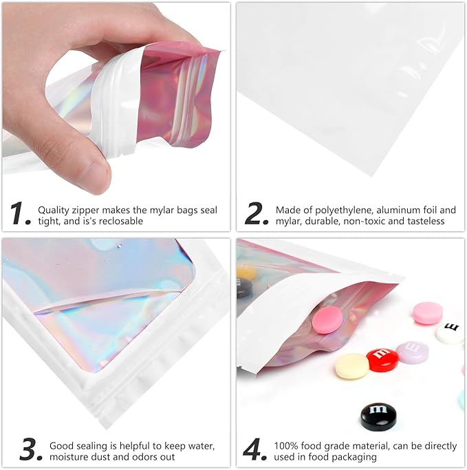 Funfery 100 pcs White Holographic Mylar Packaging Bags,Clear Sealing Resealable Smell Proof Bag Foil Pouch Zipper Bag for Food Storage,Gloss,Lash,Jewelry Packing for Small Business (6.3x9.4In)