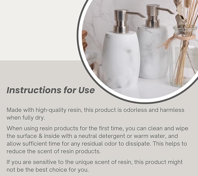 Resin Soap Dispenser Set 2, Refillable Hand Soap Dispenser with White Marble Look and Metallic Pump, Kitchen, Bathroom, Waterproof Labels (12 Oz)