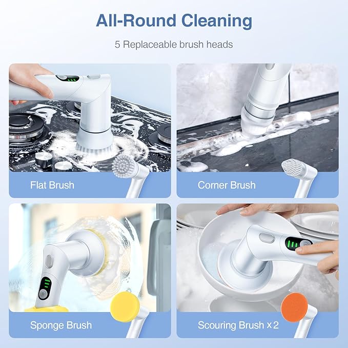 LABIGO Electric Spin Scrubber LA5 Mini, Bathroom Scrubber Shower Scrubber for Cleaning Tub Tile Floor Window Kitchen Sink, Power Scrubber Cleaning Brush with 5 Replaceable Brush Heads, White