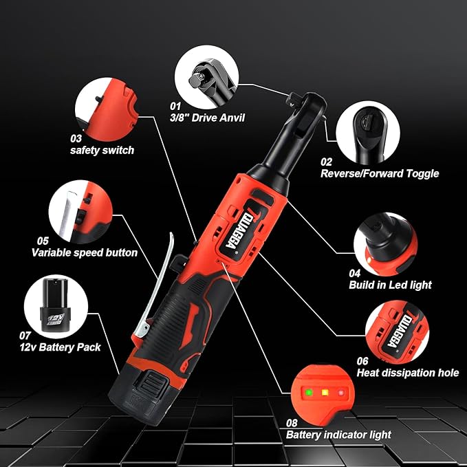 3/8" Cordless Electric Ratchet Wrench Set, 12V Power Ratchet Tool Kit With 2 Packs 1500mAh Battery And Charger, 45 FT-LBS Battery Powered Wrench with Infinitely Variable Speeds