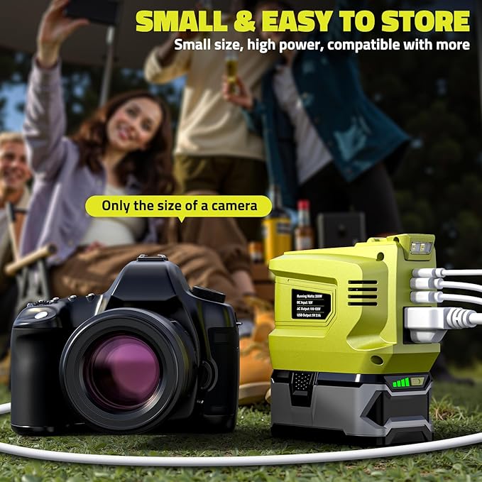 Portable Power Inverter Compatible with Ryobi,Ecarke Real 200W Outdoor Generato Battery Converter with 2 USB&LED&AC Powered Outlet,Convert DC 18V to AC 110V Portable Power Station(No Battery)