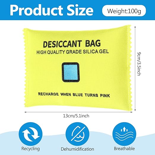 10 Packs 100g Rechargeable Silica Gel Desiccant Moisture Absorbing Bag for Storage Bin Indicating Silica Gel Desiccant Packet Reusable Dehumidifier Bag for Home Closet Car (5 x 3.5 Inches)