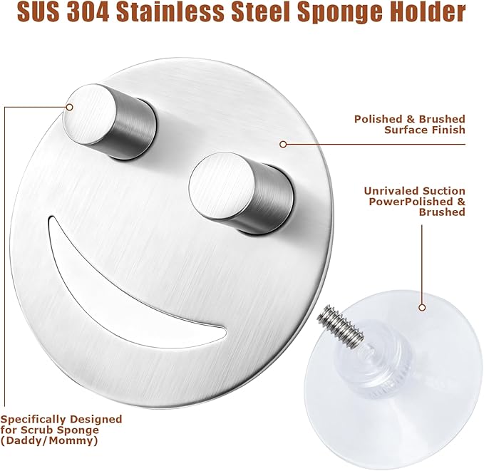 Stainless Steel Smiley Face Sponge Holders for Kitchen Sink, Rustproof Sink Sponge Holders Caddys Organizer with Suction Cup, Removable Sink Caddy for Kitchen 2Pcs